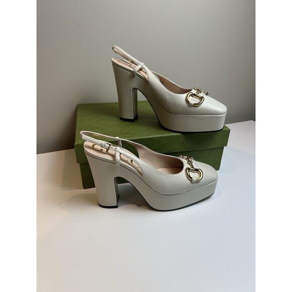 GUCCI SHOES PLATFORM White LEATHER SLINGBACK PUMPS w HORSEBIT $1,100 sz 39 9 - Picture 8 of 10